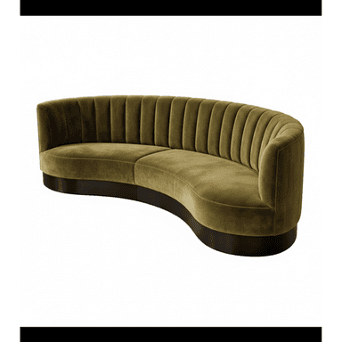 A sophisticated curved sofa upholstered in olive green velvet, featuring distinctive vertical channel tufting on the backrest. The sofa has a continuous, gracefully curved silhouette and rests on a recessed dark-finished plinth base. — 3D model (AI enhanced source)