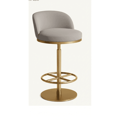 A contemporary bar stool featuring a round upholstered seat and a curved backrest, supported by a central brass-finished metal pedestal base with a circular footrest and a disc-shaped bottom plate. — 3D model (AI enhanced source)