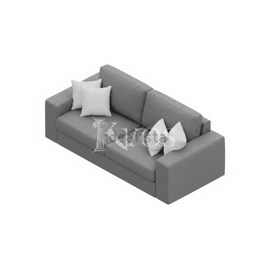 A modern, grey fabric modular sectional sofa with clean lines and a low profile. It features block-style arms, separate seat and back cushions, and is accompanied by several white throw pillows. — 3D model (AI enhanced source)