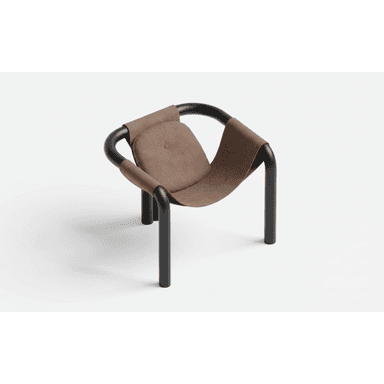 A modern lounge chair featuring a continuous, curved black tubular metal frame that forms the legs, armrests, and back support. A rich brown, possibly suede or durable textile, sling upholstery is draped over the frame, creating a comfortable, relaxed seating surface. A small, padded circular cushion is integrated into the backrest, accented with a single button tuft. — 3D model (AI enhanced source)