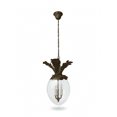 A decorative hanging lighting fixture, characterized by a clear bell-shaped glass body and a detailed patinated brass or bronze top section sculpted into a pineapple leaf motif. It houses two internal candelabra bulb sockets and is suspended from the ceiling by a metal chain and a matching canopy. — 3D model (AI enhanced source)