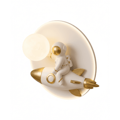 A whimsical wall-mounted lamp featuring a white and gold astronaut figure sitting atop a matching rocket, set against a circular, diffused light background. — 3D model (AI enhanced source)