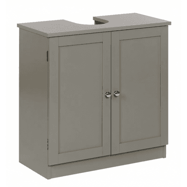 A gray two-door bathroom vanity cabinet base with a clean, contemporary design, featuring chrome round knobs and a curved cutout on its top surface designed to accommodate a sink. The cabinet sits on a recessed base. — 3D model (AI enhanced source)