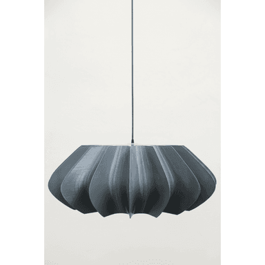 A contemporary pendant lamp featuring a dark gray, fluted shade suspended by a single cord. The shade has a distinctive pleated or scalloped design, creating a sculptural, geometric form. The material appears to be a matte, textured plastic or resin. — 3D model (AI enhanced source)