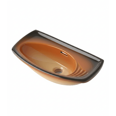 A rectangular bathroom sink featuring a distinctive two-tone ombre finish, transitioning from a dark brown or black at the outer rim to a vibrant orange in the mid-basin, and fading to a lighter beige or cream color at the bottom. The basin has smoothly rounded corners and an integrated overflow slot near the top rim, opposite the drain opening at the center bottom. The surface is highly reflective, indicating a glossy, glazed finish. — 3D model (AI enhanced source)