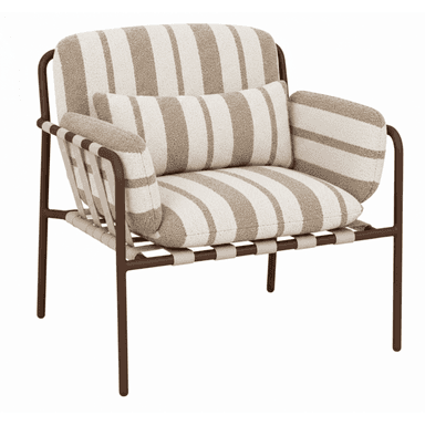 A modern lounge chair featuring a sturdy dark brown tubular metal frame, complemented by thick, comfortable upholstered cushions for the seat and back. The cushions are covered in a textured fabric patterned with broad, alternating stripes of beige and off-white. The seat and back are further supported by a grid of light beige fabric or leatherette straps woven across the frame, providing both structure and a design element. A matching lumbar pillow is included for added comfort. — 3D model (AI enhanced source)