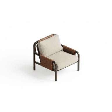 A modern armchair featuring a sleek, dark-colored tubular metal frame. It is fitted with thick, light beige fabric seat and back cushions. The armrests and the upper backrest are adorned with distinct woven brown leather straps, providing both aesthetic detail and structural support. The chair exhibits a clean, minimalist design ideal for contemporary interiors. — 3D model (AI enhanced source)