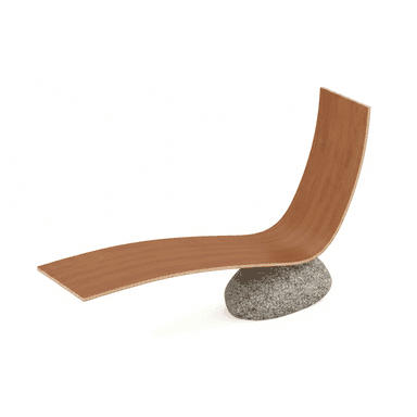 A modern sculptural chaise lounge featuring a gracefully curved, laminated wooden form supported by a single, large, irregularly shaped natural stone base. The wood has a light brown, natural grain finish, and the stone is speckled grey, creating a striking contrast of organic materials and minimalist design. — 3D model (AI enhanced source)