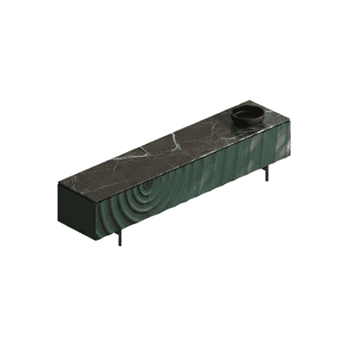 A long, low console cabinet featuring a dark, veined marble top and dark green front panels with a distinctive ripple texture. The cabinet stands on minimalist black metal legs and includes an integrated handle on one of the ripple-textured doors. — 3D model (AI enhanced source)