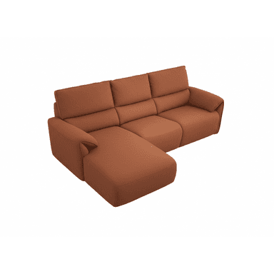 An L-shaped sectional sofa upholstered in a warm terracotta-colored fabric, featuring an integrated chaise lounge, plump back cushions, and gently rolled armrests. — 3D model (AI enhanced source)