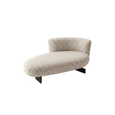 A contemporary chaise lounge upholstered in a beige and off-white houndstooth fabric, featuring a rounded, ergonomic form and supported by a minimalist black metal base. — 3D model (AI enhanced source)