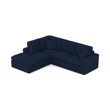 An L-shaped modular sectional sofa upholstered in a dark blue fabric. It features a chaise lounge component on one end, deep seating, plush back cushions, and includes several matching throw pillows. The design is contemporary, emphasizing comfort and versatility, suitable for various living spaces. — 3D model (AI enhanced source)