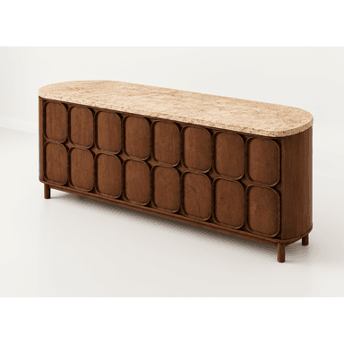 A long, low wooden cabinet featuring a distinctive oval-shaped, speckled stone top and multiple cabinet doors with unique rounded rectangular panel detailing. The piece is supported by short, tapered wooden legs. — 3D model (AI enhanced source)