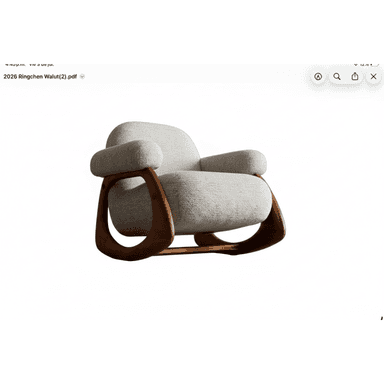 A modern lounge chair featuring a generously padded light gray upholstered seat and backrest, supported by a distinctive, continuously curved wooden frame. The frame forms the base, armrests, and back support, creating a fluid, sculptural silhouette. The upholstery has a textured appearance, and the bentwood frame showcases a warm, rich brown tone. — 3D model (AI enhanced source)