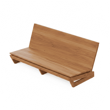 A modern, minimalist bench constructed from solid wood, featuring a long, flat seat and an angled backrest. The design is simple and geometric, with visible wood grain and a sturdy, low-profile base. — 3D model (AI enhanced source)
