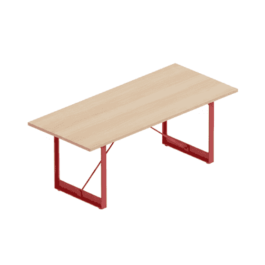 A modern rectangular table featuring a light wood tabletop and two striking red metal trestle bases. The design is minimalist and industrial-inspired, suitable for various contemporary settings. — 3D model (AI enhanced source)