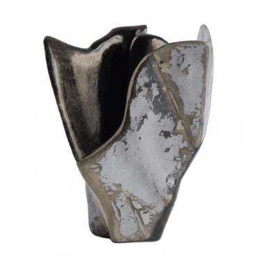 An abstract, sculptural vase featuring an organic, irregular form with wavy, fluted edges. Its surface displays a multi-tonal, distressed finish resembling patinated metal or a reactive ceramic glaze, blending shades of dark gray, bronze, and silver. The interior appears glossy and dark, contrasting with the textured exterior. The design evokes a sense of modern artistry and natural asymmetry. — 3D model (AI enhanced source)