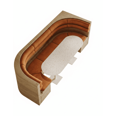 A U-shaped booth seating unit featuring a light-toned wooden exterior frame and orange/terracotta upholstered interior cushions. An oval terrazzo tabletop with white pedestal bases is integrated into the center of the booth. The design is modern and clean, suitable for a commercial or contemporary residential dining setting. — 3D model (AI enhanced source)