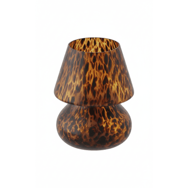 A small table lamp featuring a distinctive tortoiseshell pattern across both its rounded base and conical shade. The lamp appears to be made of glass or acrylic, presenting warm brown and amber hues with darker speckled markings. — 3D model (AI enhanced source)