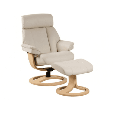 A contemporary recliner chair and matching ottoman, upholstered in cream-colored faux leather, with light-toned bentwood bases. The chair features a padded headrest, backrest, seat, and armrests, supported by a circular swivel base. The separate ottoman provides elevated leg support, mirroring the chair's design and materials. — 3D model (AI enhanced source)
