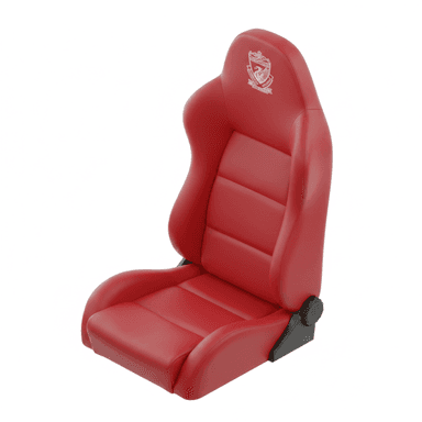 A single, bright red upholstered racing-style bucket seat, designed for high support and comfort, typically for automotive or simulation use. It features pronounced side bolsters, an integrated headrest, and an embroidered emblem on the headrest. — 3D model (AI enhanced source)