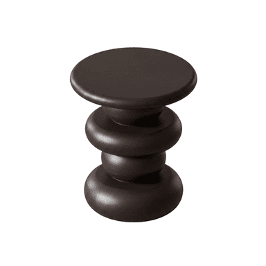 A dark brown side table with a circular top and a stacked, segmented pedestal base. The base features three distinct bulbous sections separated by narrower cylindrical segments, giving it a sculptural, almost spindle-like appearance. The overall form is rounded and organic. — 3D model (AI enhanced source)