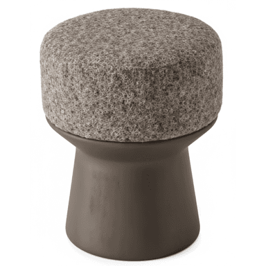 A modern, round upholstered stool featuring a textured, mottled grey-brown felted fabric top and a dark brown, tapered pedestal base. The design is compact and minimalist, combining soft and hard textures. — 3D model (AI enhanced source)