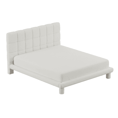A contemporary upholstered platform bed featuring a grid-tufted headboard and a fully upholstered frame, all in a light, textured fabric. — 3D model (AI enhanced source)