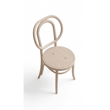 A light-colored wooden side chair with a curved backrest and a circular seat. The chair features bentwood construction, characteristic of classic cafe chairs. It has a simple, elegant design with minimal ornamentation. Two small circular holes are visible on the seat. — 3D model (AI enhanced source)
