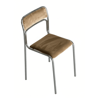 A modern dining chair featuring a sleek, polished chrome-plated tubular steel frame and upholstered seat and backrest in a neutral tan velvet or velour fabric. The chair has an armless design with a continuous frame forming the back support and legs. — 3D model (AI enhanced source)