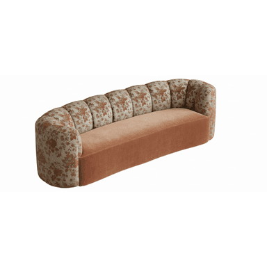 A curved sofa featuring a dual-fabric upholstery design. The seat and lower frame are upholstered in a solid, textured fabric, while the backrest and arms are covered in a fabric with a floral pattern. The backrest is segmented, creating a fluted effect along its length. — 3D model (AI enhanced source)