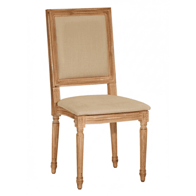 An armless chair featuring a distressed light wood frame and upholstered seat and back in a neutral beige fabric. The wooden frame has traditional carved details, including fluted legs and rosette accents, giving it a classic French Country aesthetic. — 3D model (AI enhanced source)