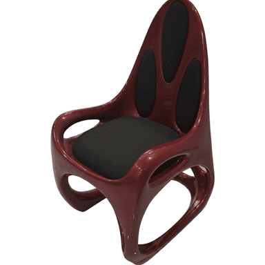 A modern, glossy deep red armchair with a sculptural, biomorphic design. The chair features integrated armrests, a tall backrest with three oval-shaped cut-outs, and a complex, open-work base. Black upholstered pads are present on the seat and within the backrest cut-outs. — 3D model (AI enhanced source)