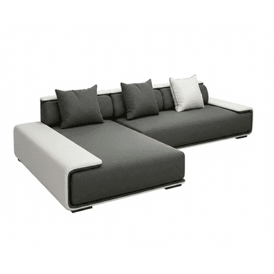 An L-shaped modern sectional sofa featuring dark gray fabric upholstery and a contrasting light-colored frame that forms integrated console arms and back support. The sofa has a low profile, comprising a main seating section and a chaise lounge component. It includes several square throw pillows, some matching the dark gray upholstery and one in white with dark piping. — 3D model (AI enhanced source)