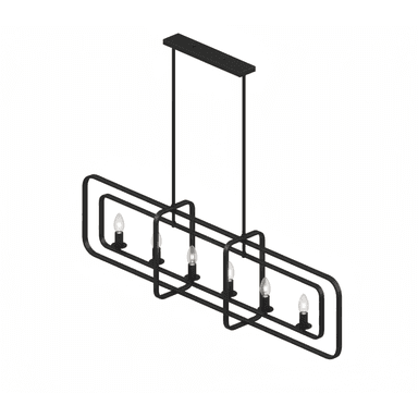 A black, rectangular chandelier with a linear design. It features multiple open rectangular frames arranged in a row, each housing a candelabra-style bulb. The fixture is suspended by two thin black rods from a rectangular ceiling canopy. — 3D model (AI enhanced source)