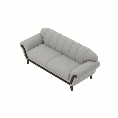 A light grey two-seater sofa featuring a distinctive channel-tufted backrest and two separate seat cushions. The sofa is supported by an exposed dark wooden frame, which extends to form curved accents on the outer portion of the rolled armrests. The design blends traditional elements with a modern sensibility. — 3D model (AI enhanced source)