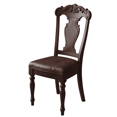 A traditional dining chair constructed from dark wood, featuring an intricately carved backrest and a dark brown upholstered seat. The backrest has a distinct crest rail with scrollwork and foliate motifs, and the front legs are decoratively turned. — 3D model (AI enhanced source)