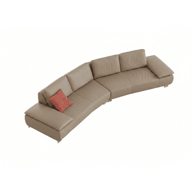 A modern curved sectional sofa upholstered in beige leather, featuring a low profile design and polished metal feet. — 3D model (AI enhanced source)