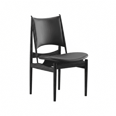 A contemporary armless dining chair featuring a black-stained wooden frame with a visible grain, and black upholstered seat and backrest. The design incorporates gently curved elements and tapered legs. — 3D model (AI enhanced source)