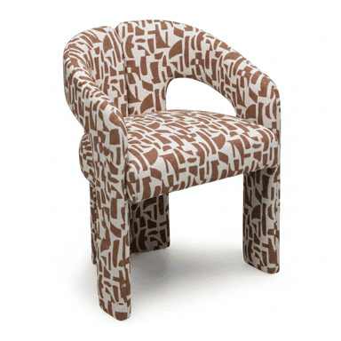 A contemporary armchair with a curved back and integrated armrests. The chair features a distinctive abstract pattern upholstery in brown and off-white. Its structure is supported by four block-like legs, also upholstered, contributing to its modern aesthetic. — 3D model (AI enhanced source)