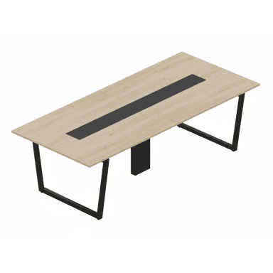 A long, rectangular conference table featuring a light wood-grain laminate top with a prominent black central channel, likely for power and data. The table is supported by two black, U-shaped metal legs at the ends and a central black modesty panel or support column, also with a cutout for cable management. Its design is clean and contemporary. — 3D model (AI enhanced source)