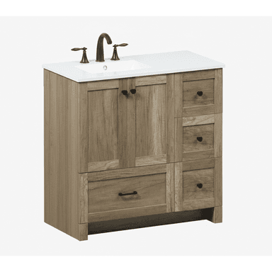 A light oak finish bathroom vanity featuring an integrated white countertop and sink, accompanied by a matte black three-piece faucet set. The cabinet provides storage with two central doors and three drawers on the right side, all fitted with matte black hardware. The design incorporates a rustic wood grain texture with clean, modern lines. — 3D model (AI enhanced source)