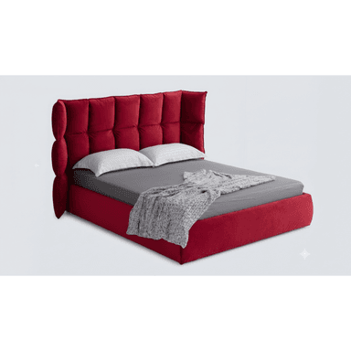 A contemporary upholstered platform bed featuring a bright red velvet finish. The headboard has horizontal tufting and distinctive flared, padded side wings. The bed frame is also fully upholstered, creating a cohesive and plush appearance. — 3D model (AI enhanced source)