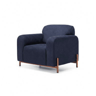 A contemporary upholstered armchair featuring a dark blue textured fabric. The chair has a boxy silhouette with gently rounded corners and integrated armrests. It is supported by a distinctive exposed metal base with an antique copper or bronze finish, which extends into four vertical legs. — 3D model (AI enhanced source)