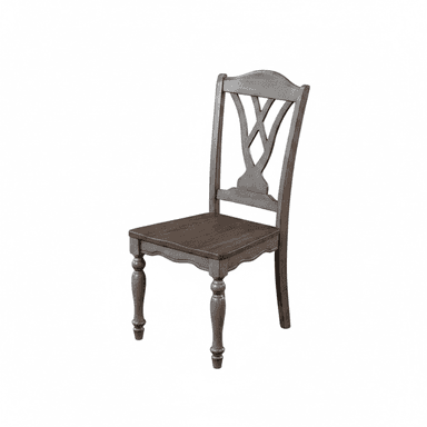 A wooden dining chair featuring a distinctive carved open-work backrest, a solid wood seat, and turned front legs. The chair has a two-tone finish, with a darker brown seat and a gray-brown frame. — 3D model (AI enhanced source)