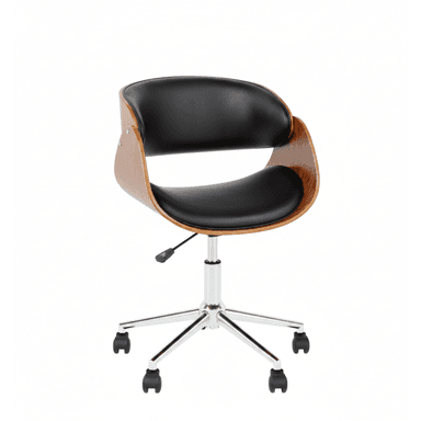 A bentwood swivel desk chair featuring a curved plywood shell with a walnut veneer, complemented by black faux leather upholstery on the seat and backrest. It rests on a five-star chrome-plated metal base equipped with black casters and an adjustable height mechanism. — 3D model (AI enhanced source)