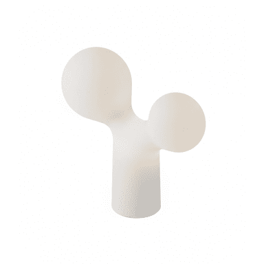 A modern white table lamp featuring an abstract, organic form that resembles a stylized plant or cloud. It consists of a cylindrical base from which two rounded, bulbous forms emerge, with the larger one extending upwards and a smaller one branching off to the side. The entire structure is illuminated from within, providing a soft, diffused glow. — 3D model (AI enhanced source)