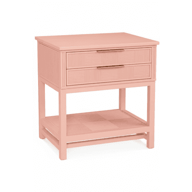 A contemporary blush pink nightstand featuring two drawers with reeded cane-style textured fronts, complemented by brass pulls, and an open bottom shelf with a matching textured surface, all supported by four straight legs. — 3D model (AI enhanced source)