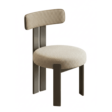 A contemporary dining chair featuring a rounded, thick upholstered seat in a light, textured fabric, paired with a distinctive cane backrest. The backrest has a curved wooden frame, integrated into two upright, flat, dark metal or wood supports that continue down to form the rear legs. Two additional flat legs support the front of the seat, creating a minimalist and sturdy profile. — 3D model (AI enhanced source)