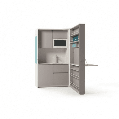 A compact, self-contained kitchen unit with a microwave, sink, faucet, and various storage compartments, designed to be enclosed within a cabinet structure. The unit features an outer shell and an inward-folding door that reveals shelves and a pull-out surface. — 3D model (AI enhanced source)